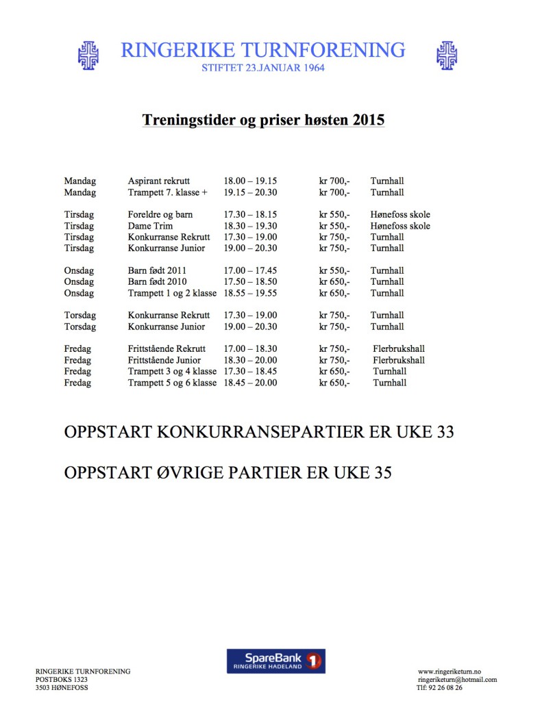 Treningstider og priser Høst 2015